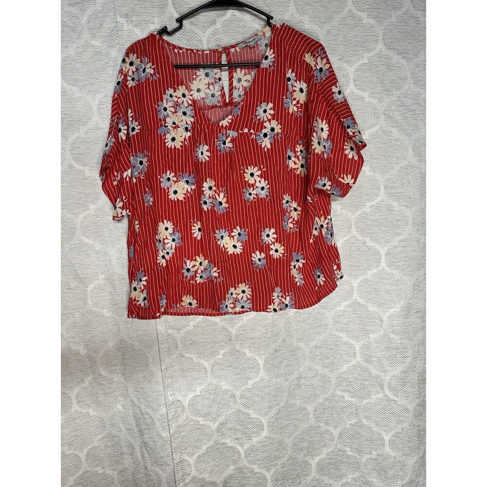 Madewell Rhyme Top Daisy Society Red Striped Floral Blouse Short Sleeve EUC